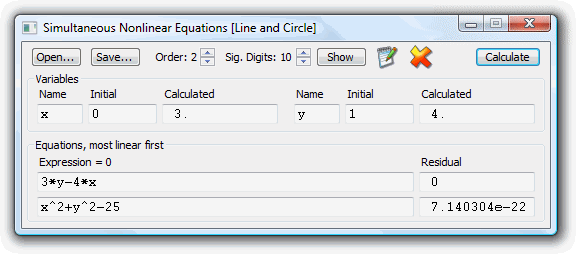 Solving simultaneous nonlinear equations with UltimaCalc on Windows Vista.