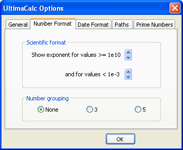 Options window showing number format options