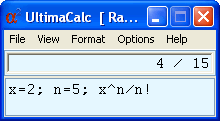 UltimaCalc on WIndows XP illustrating the use of variables and showing the result as a ratio.