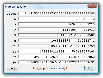 Multiple Results window showing the value of PI approximated as various fractions.