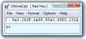 UltimaCalc main window showing the value of PI in hexadecimal