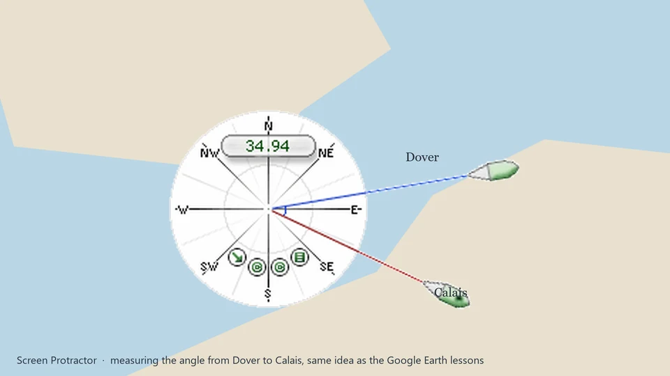 Screen Protractor measuring the angle from Dover to Calais